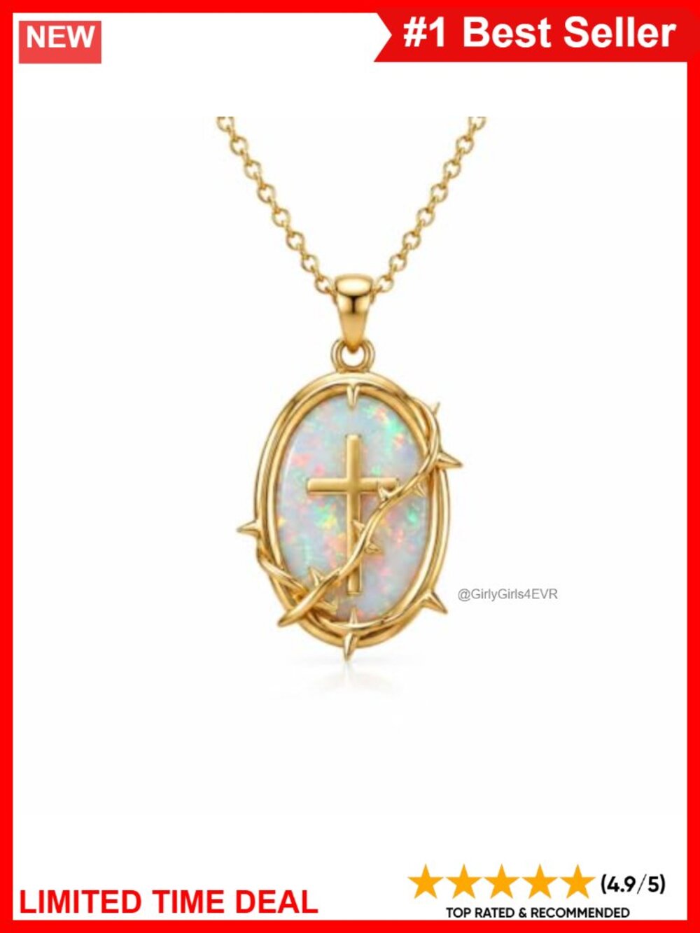 14K Gold Plated Opal Cross Necklace October Birthstone Pendant